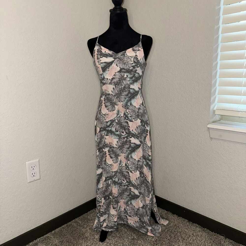 Aeropostale Women's Maxi Dress XS Multicolor Feather Print Side Slit Tie-Back